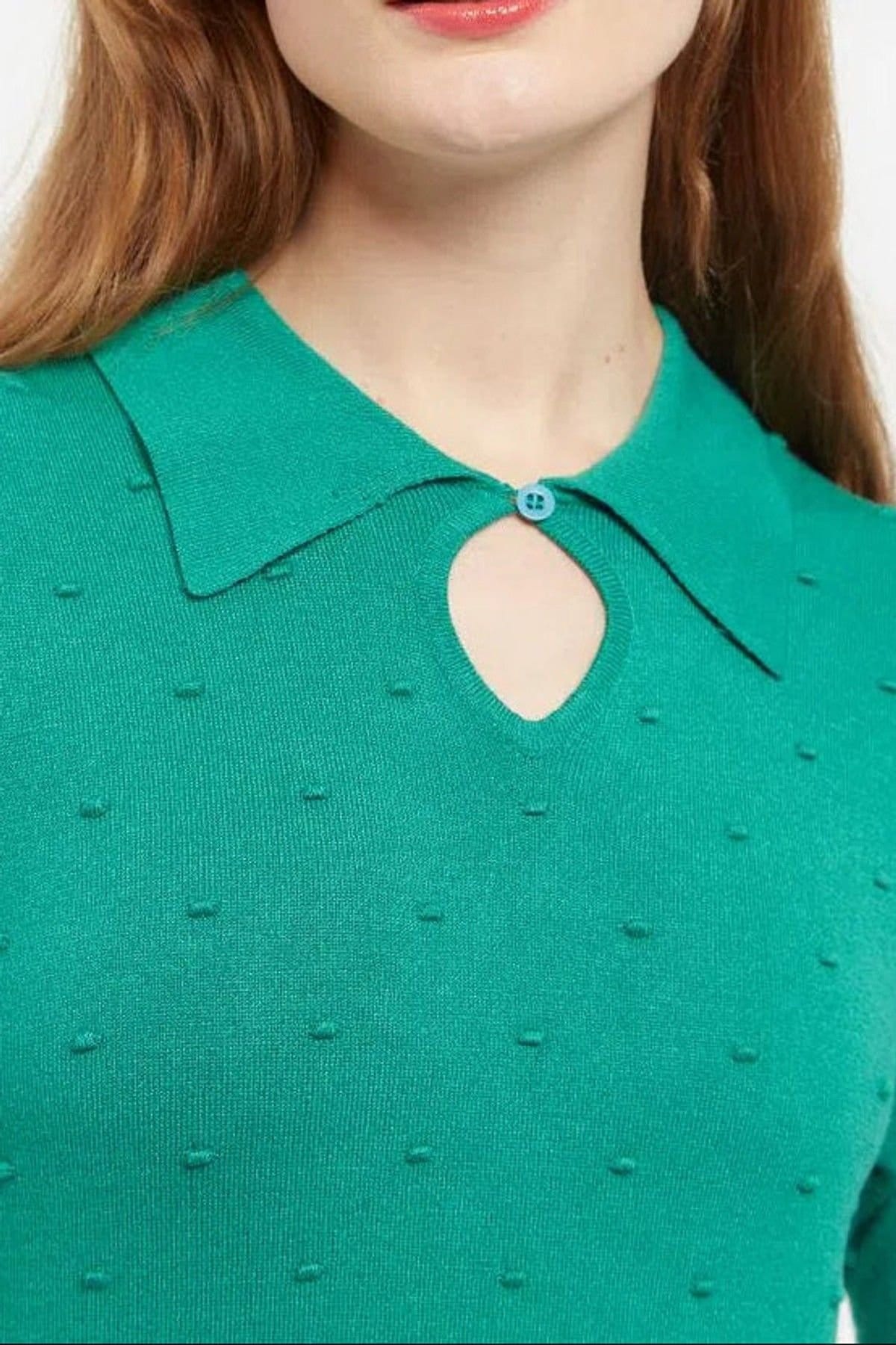 Louche Louche Women's Josephina Raindrops Textured Short Sleeve Collared Sweater Green - 4