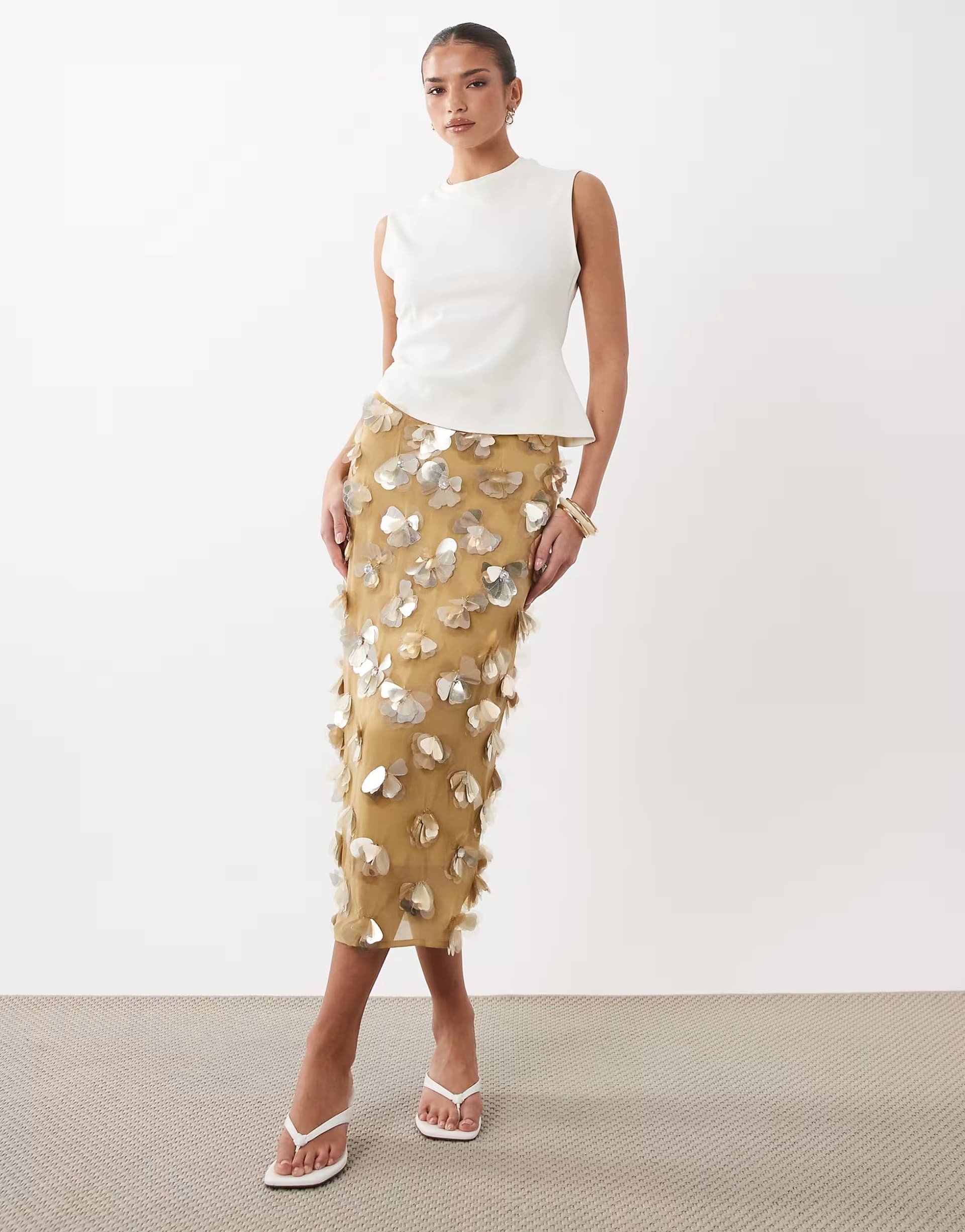 ASOS ASOS DESIGN 3D flower embellished volume midi skirt in gold