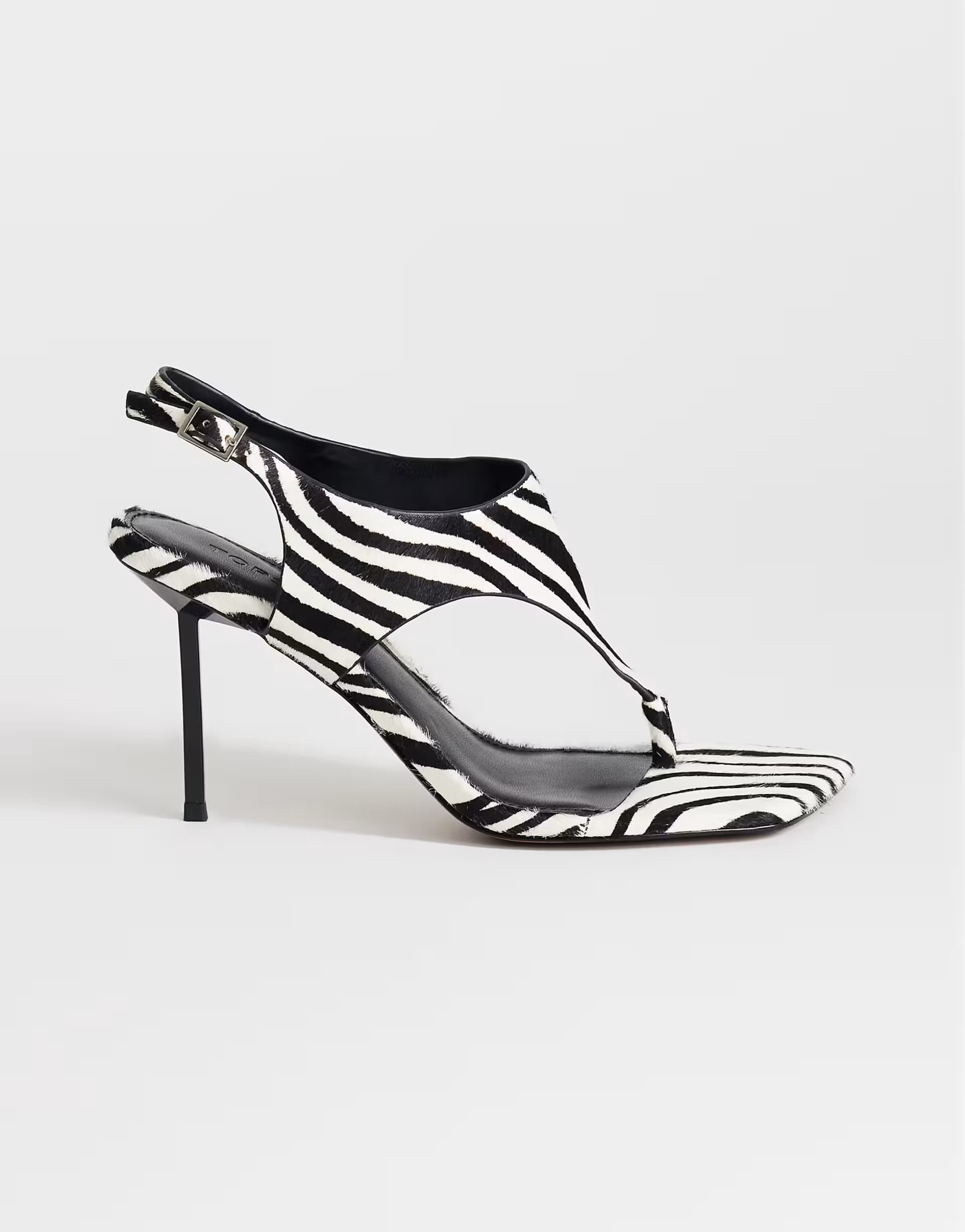 ASOS Topshop Sandy hair on real leather toe thong high heeled sandal in black and white zebra