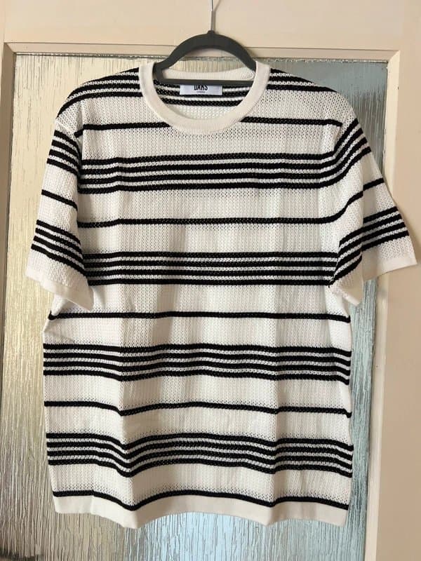 DAKS DAKS London White & black Stripe Knit Top M 100% Cotton Made In Italy