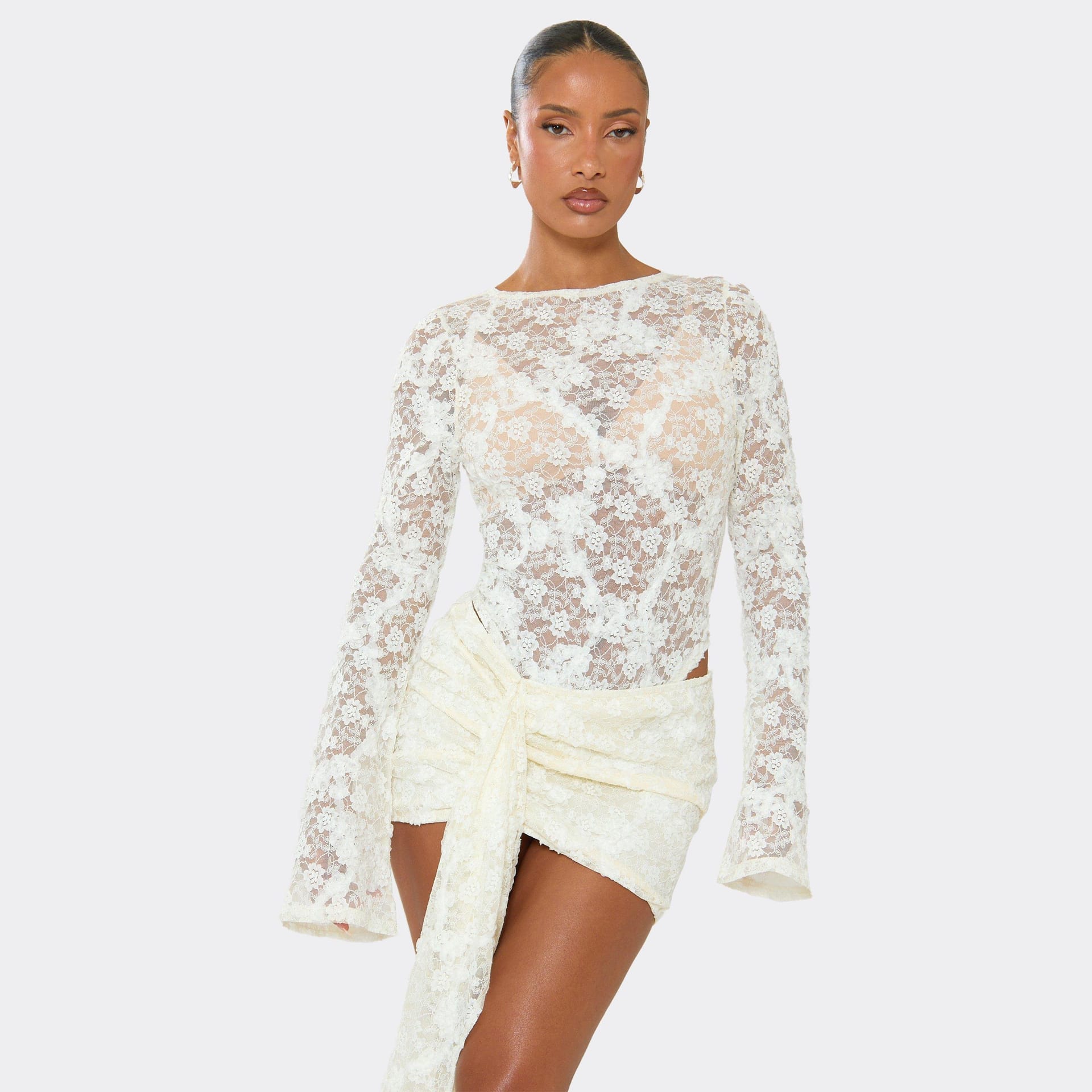 EGO Ivory Lace Long Sleeve Bodysuit, Women's Size UK 6