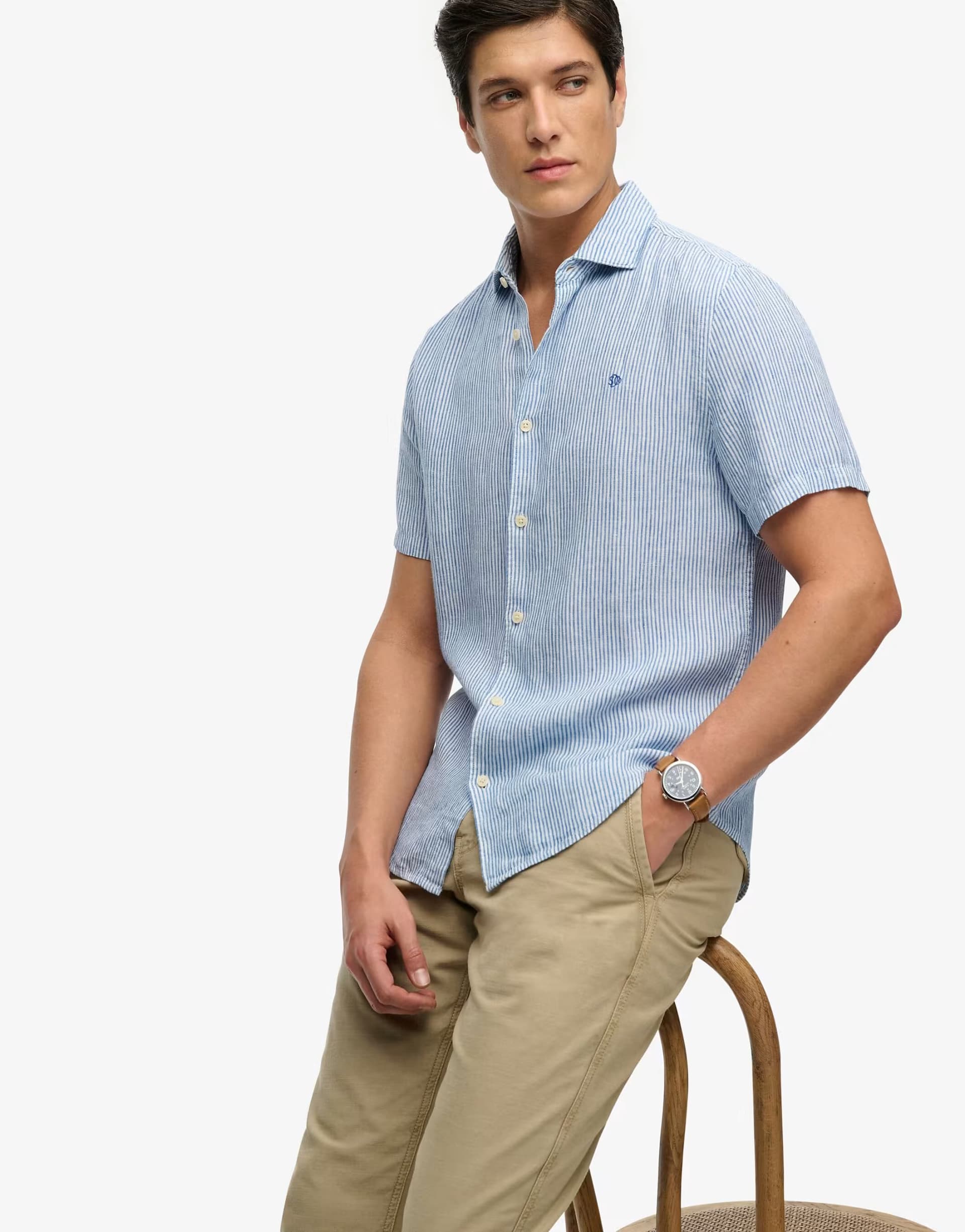 ASOS Superdry Riviera short sleeve linen shirt in blue chalk stripe