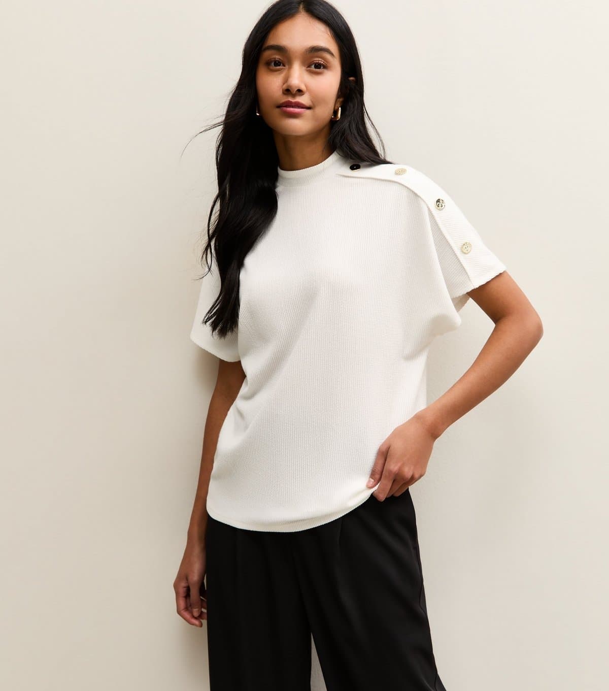 New Look Women's White Faux Button Batwing Textured Short Sleeve Top New Look