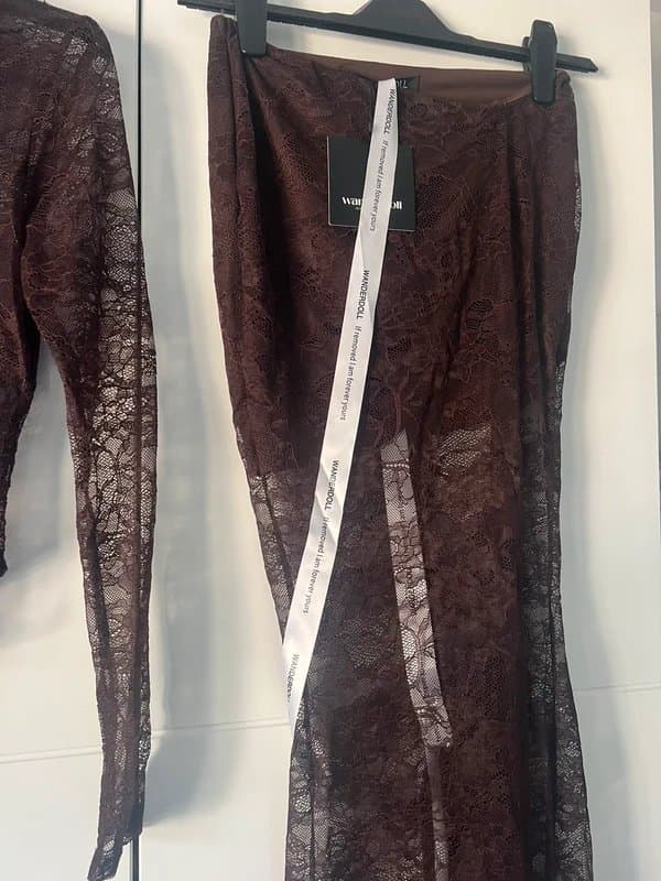 Wanderdoll wanderdoll britney high neck lace bodysuit with maxi skirt in brown