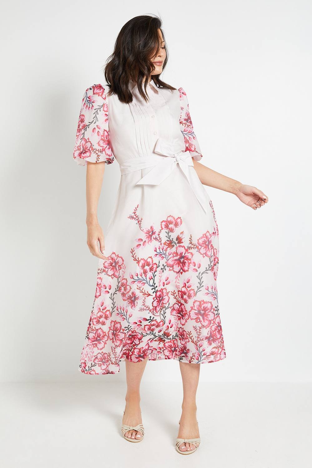 Wallis Wallis Women's Floral Organza Pintuck Midi Shirt Dress in Ivory - 2