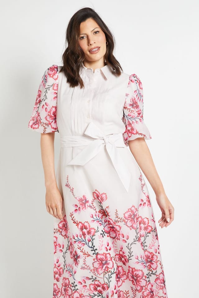 Wallis Wallis Women's Floral Organza Pintuck Midi Shirt Dress in Ivory - 2