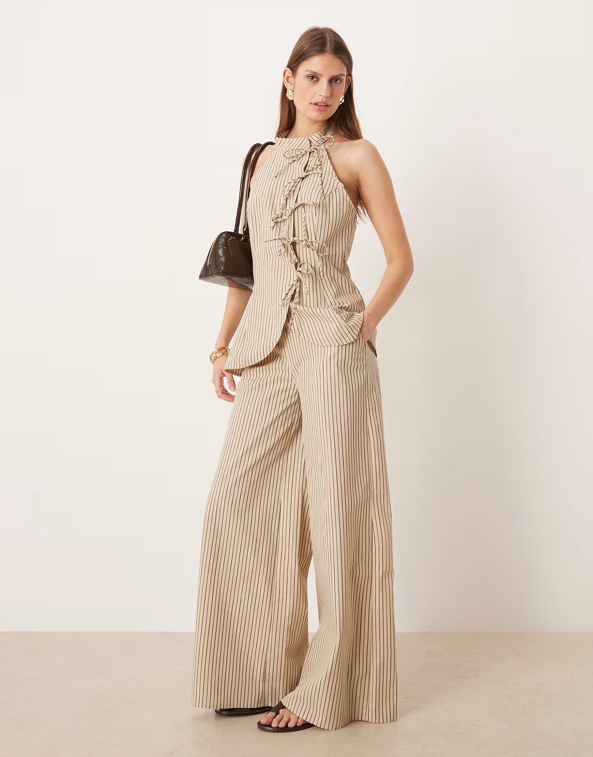 ASOS Glamorous thick waistband pull on trousers in white blue stripe co-ord