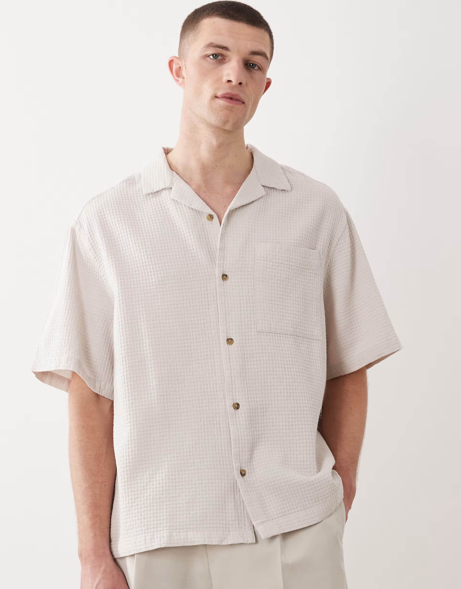 ASOS ASOS DESIGN oversized revere waffle shirt in cream