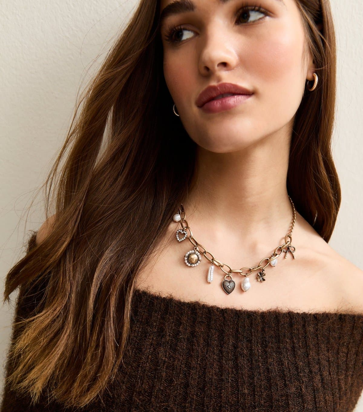 New Look Gold Tone Faux Pearl Heart Charm Necklace New Look