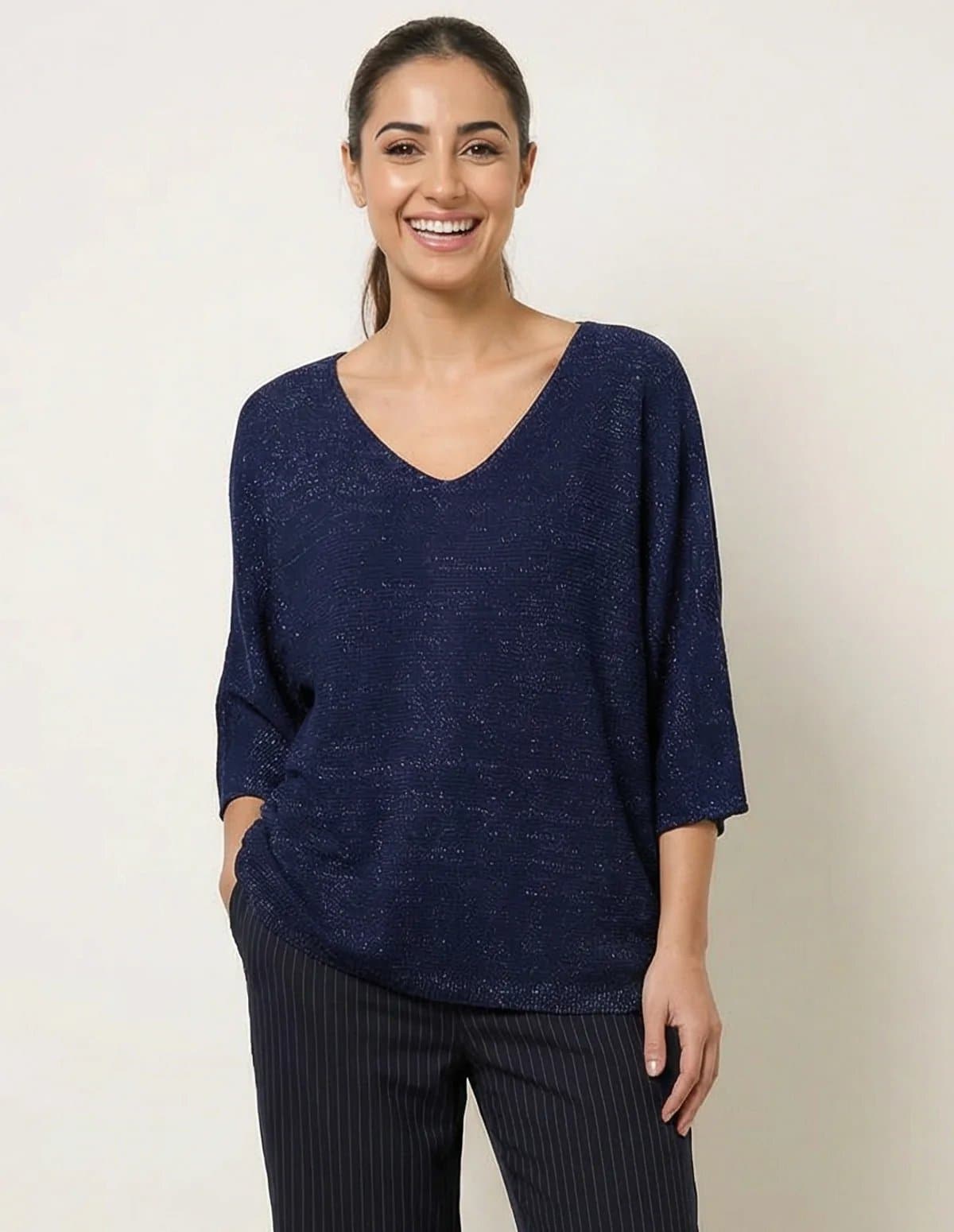 Blue Vanilla Metallic V Neck Knitted Ripple Jumper