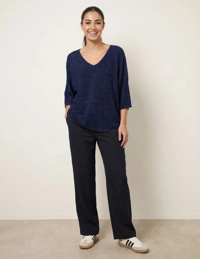 Blue Vanilla Metallic V Neck Knitted Ripple Jumper - 2