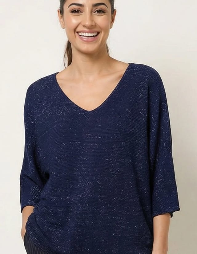 Blue Vanilla Metallic V Neck Knitted Ripple Jumper - 3