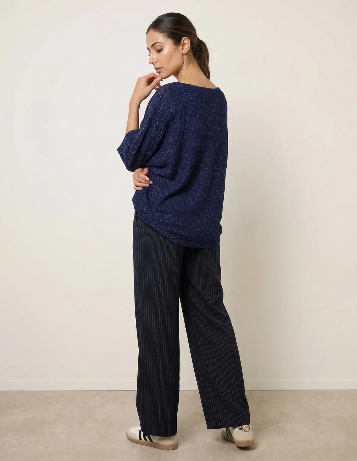Blue Vanilla Metallic V Neck Knitted Ripple Jumper - 4