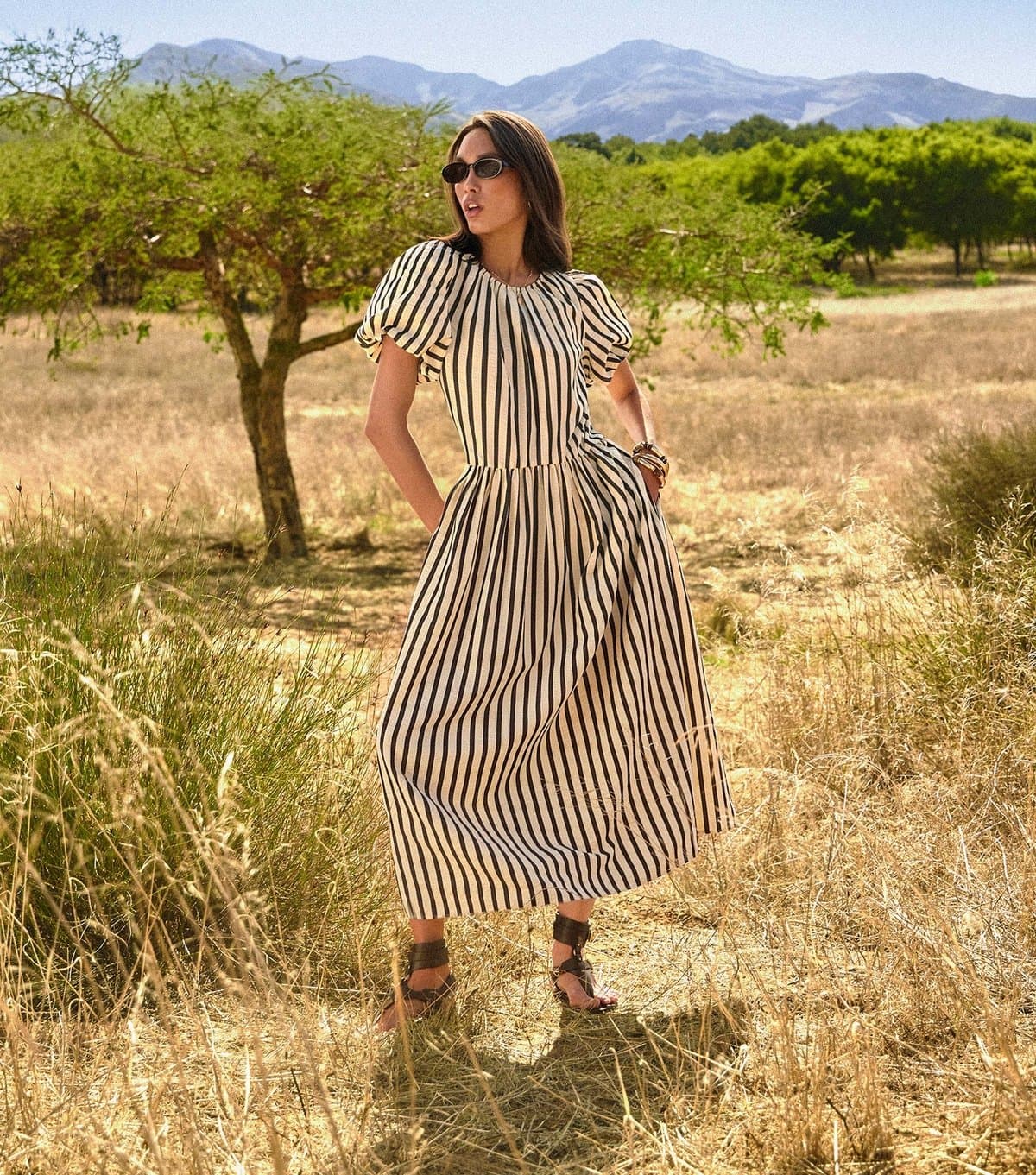 New Look Women's Black Striped Drop Waist Puff Sleeve Midi Dress New Look