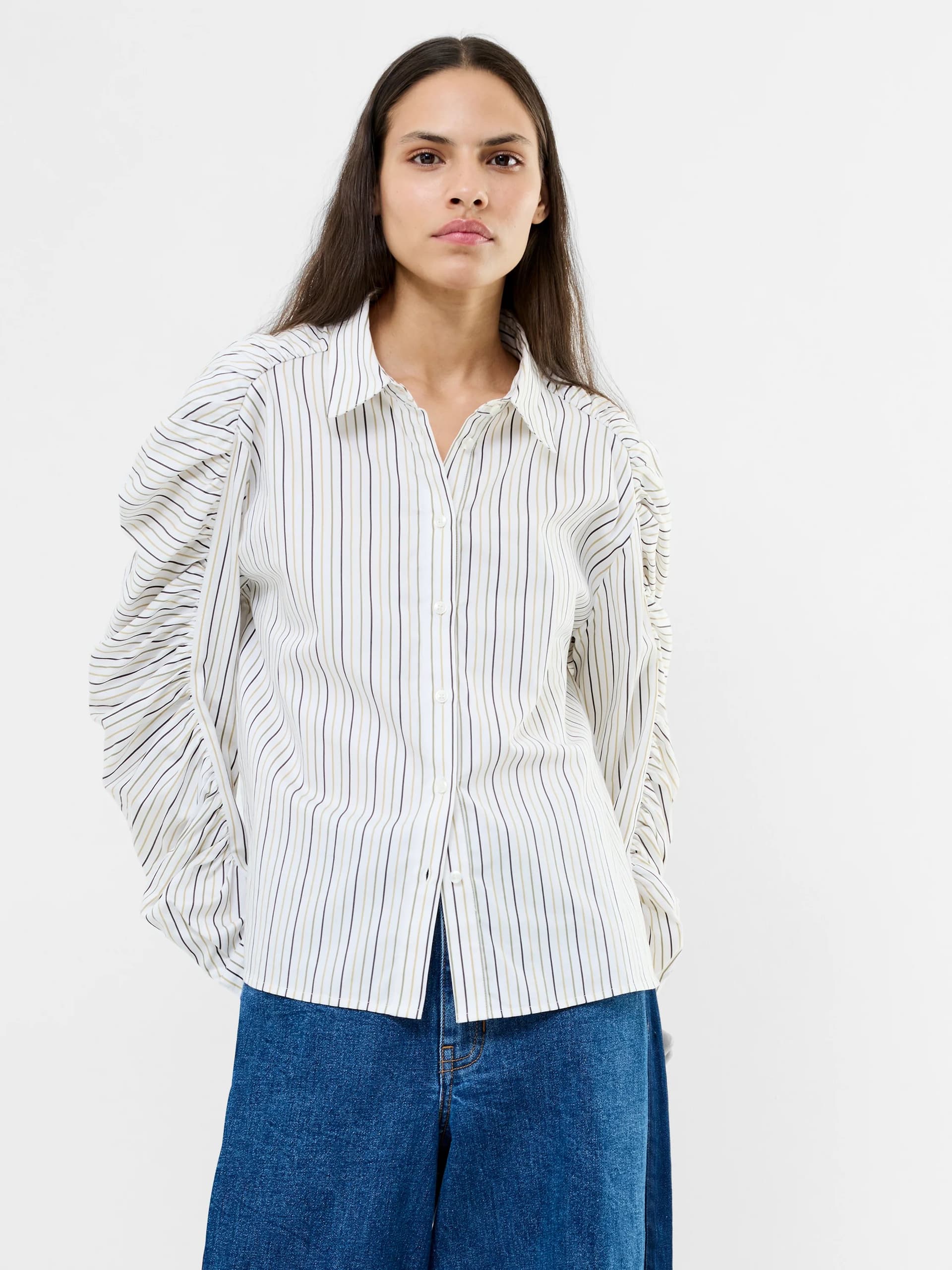 French Connection Cambria Stripe Cotton Button Down Shirt White/Khaki Multi