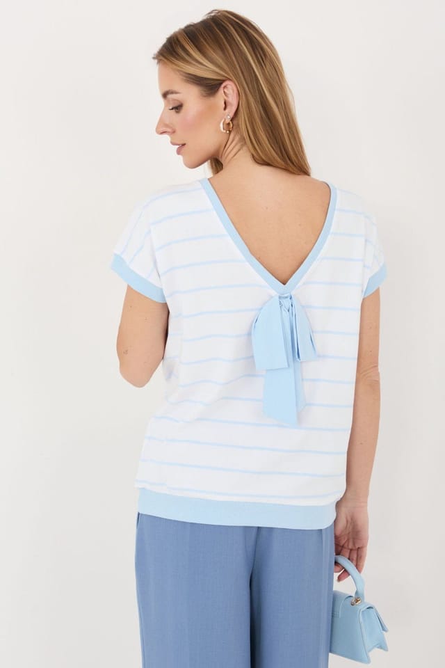 Love Lace Love Lace Women's Striped Cotton Elastane Blouse with Back Bow in White - 3