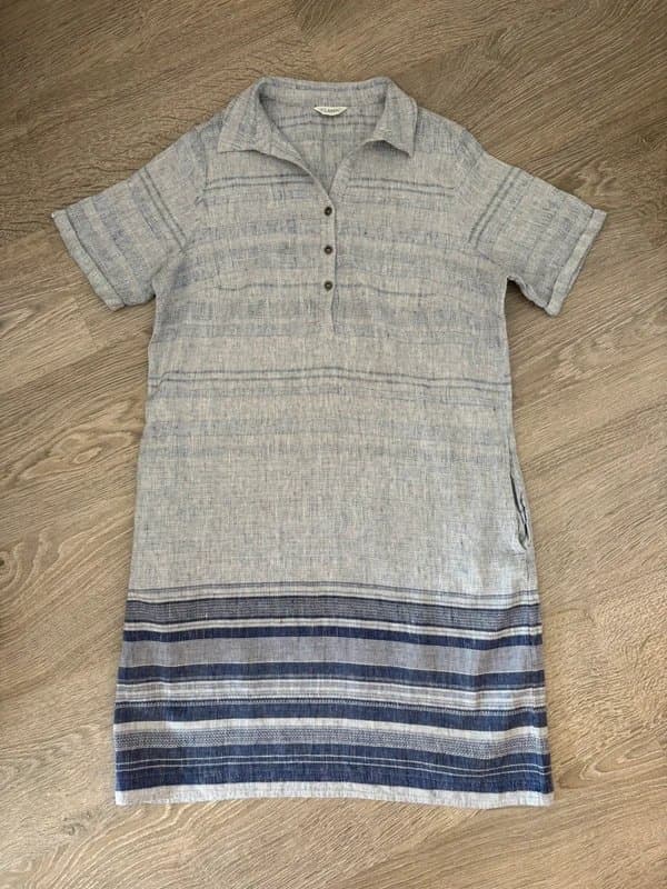 Marks & Spencer M&S Linen Blend Striped Shirt Dress UK 14 Blue White Collared Summer Midi Tunic