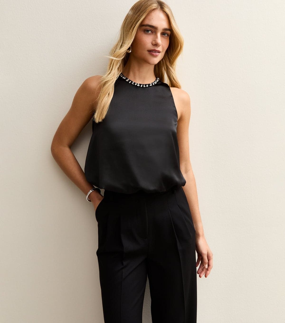 New Look New Look Black Satin Bubble Hem Top