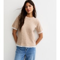 New Look Women's Oatmeal Lace Trim Knitted T-Shirt New Look - 1