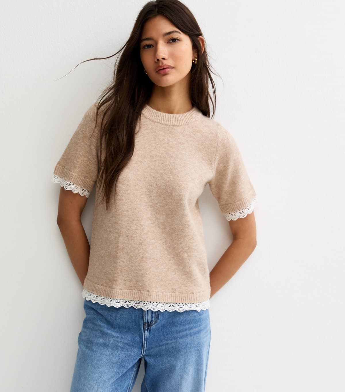 New Look Women's Oatmeal Lace Trim Knitted T-Shirt New Look