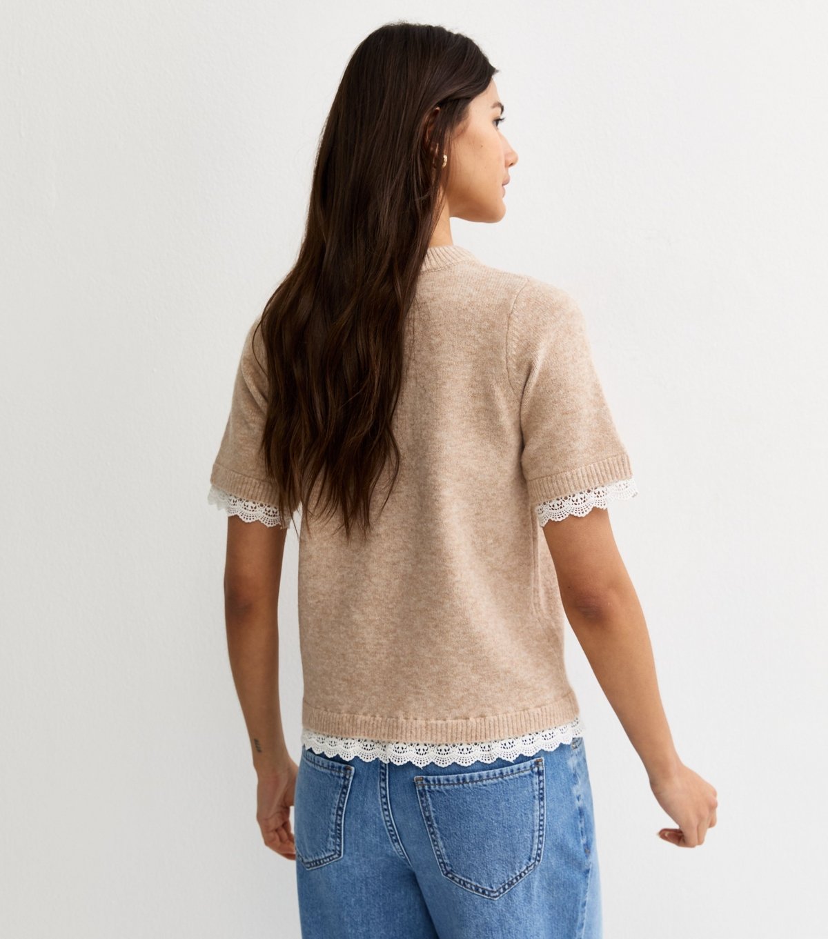 New Look Women's Oatmeal Lace Trim Knitted T-Shirt New Look - 4