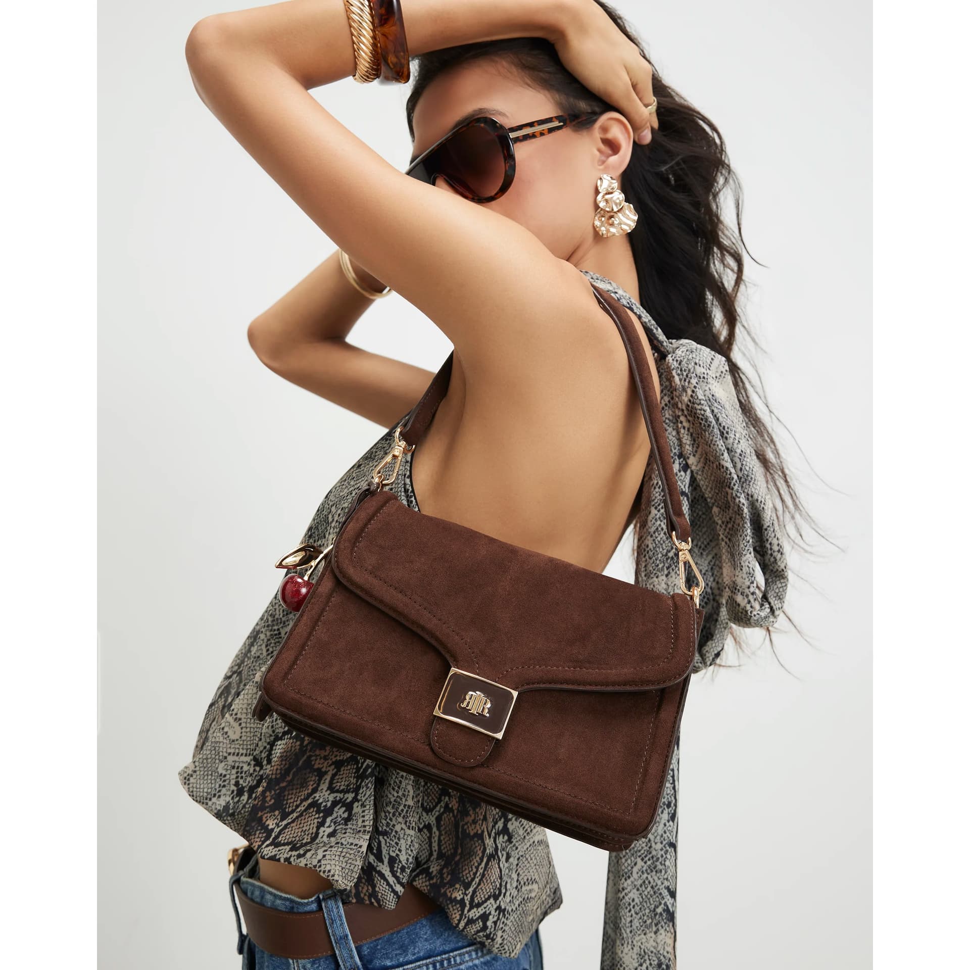 River Island River Island Womens Brown Faux Suede Cherry Charm Shoulder Bag