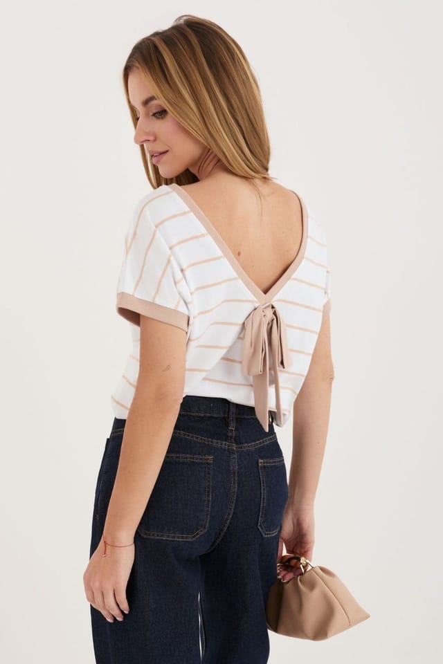 Love Lace Love Lace Women's Striped Cotton Elastane Casual Blouse Bow Back in White - 3