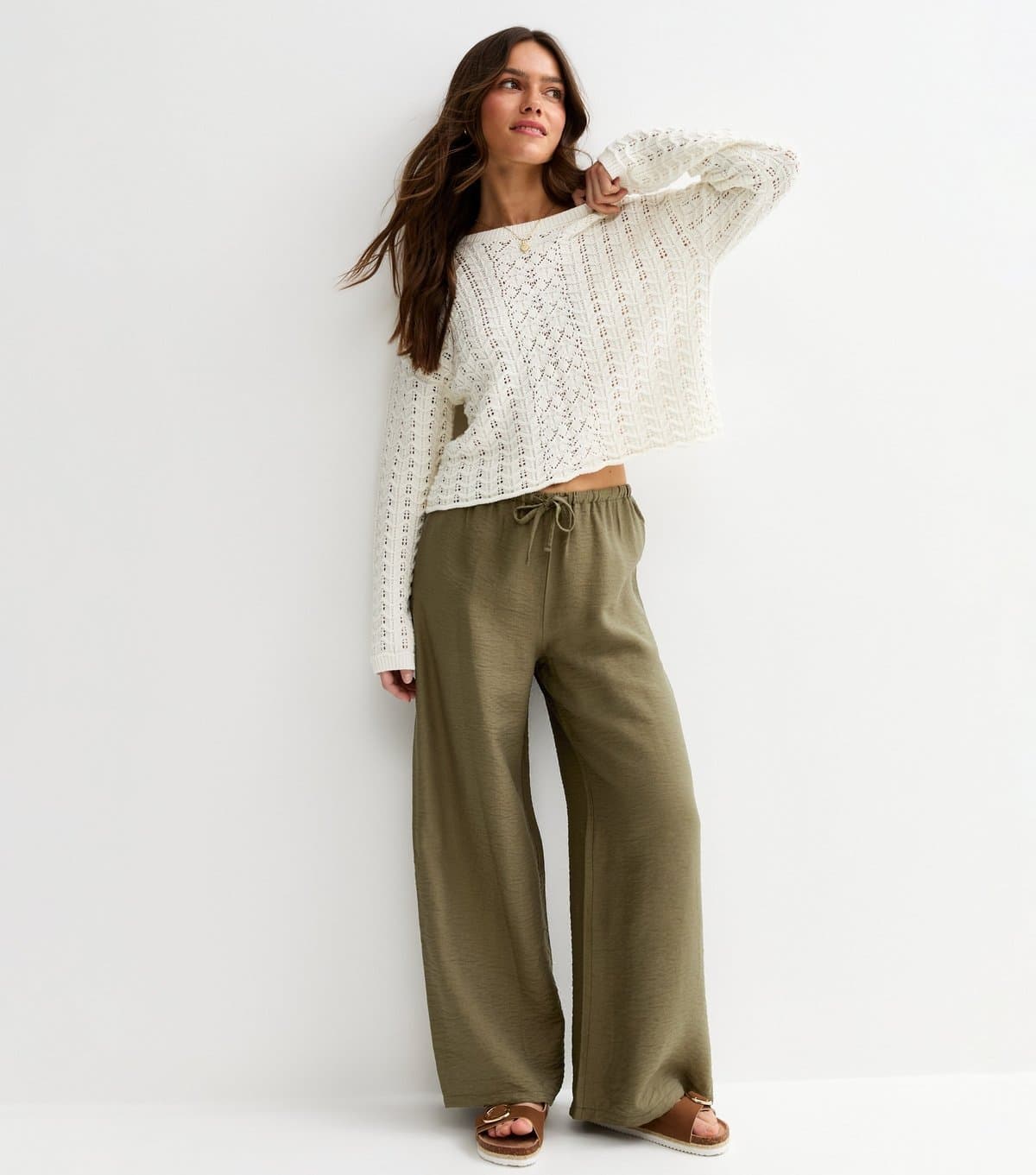 New Look Women's Petite Khaki Drawstring Waist Wide Leg Trousers New Look