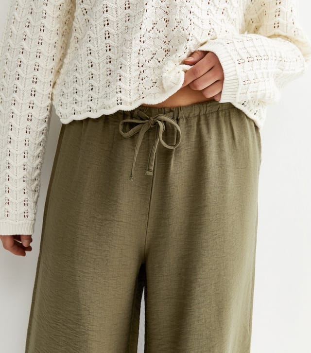 New Look Women's Petite Khaki Drawstring Waist Wide Leg Trousers New Look - 2
