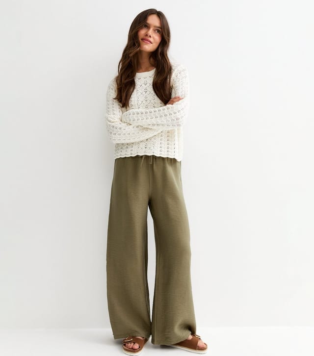 New Look Women's Petite Khaki Drawstring Waist Wide Leg Trousers New Look - 3