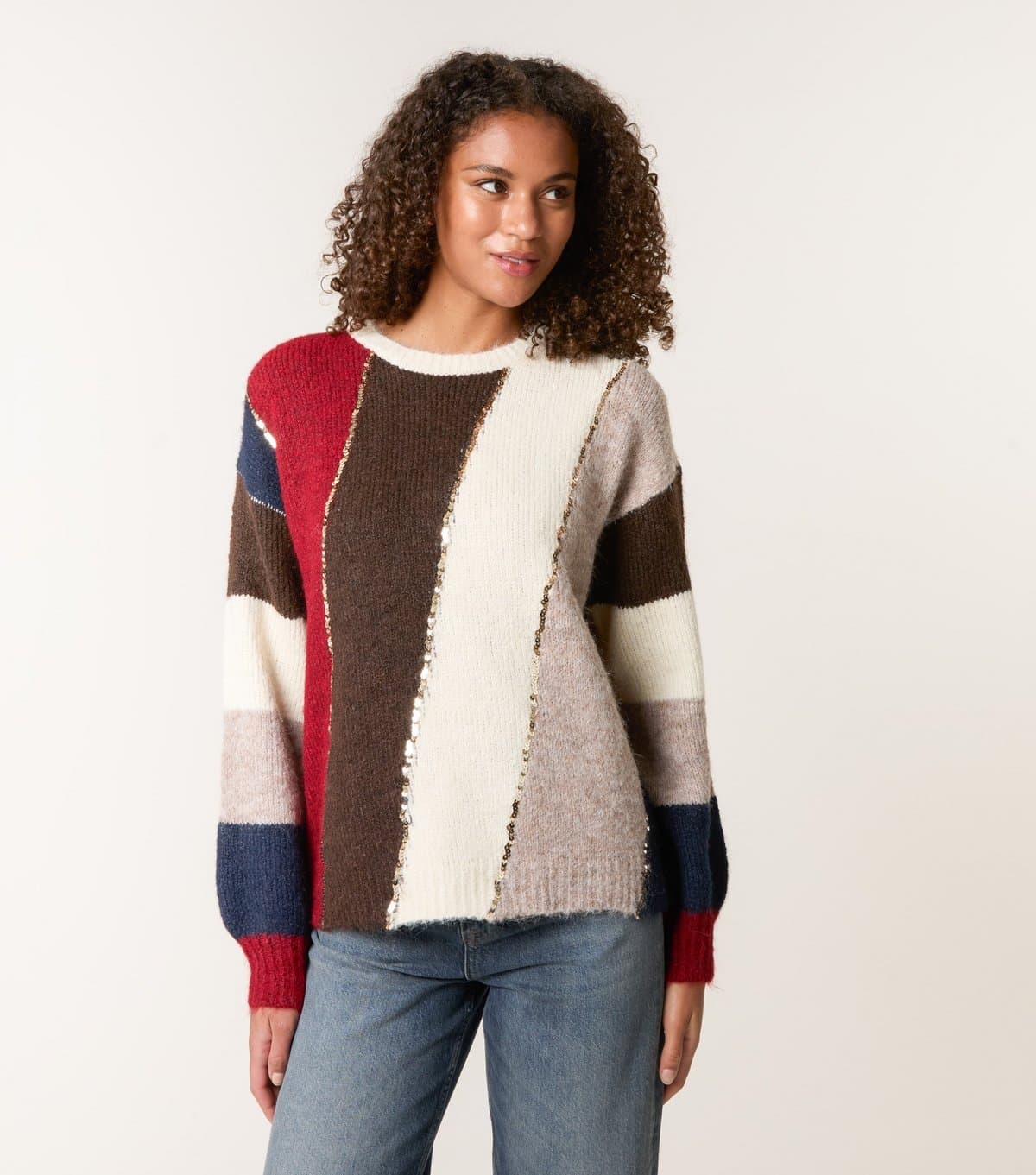 Blue Vanilla Women's Dark Brown Stripe Sequin Trim Jumper Blue Vanilla New Look