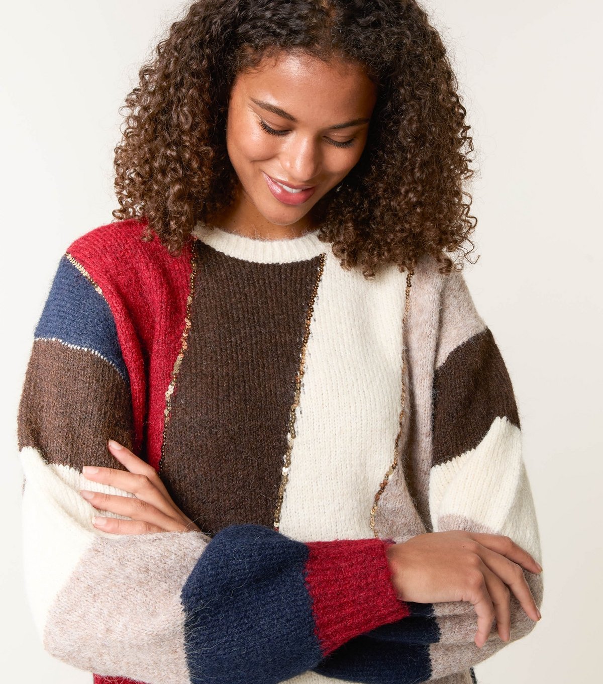 Blue Vanilla Women's Dark Brown Stripe Sequin Trim Jumper Blue Vanilla New Look - 3