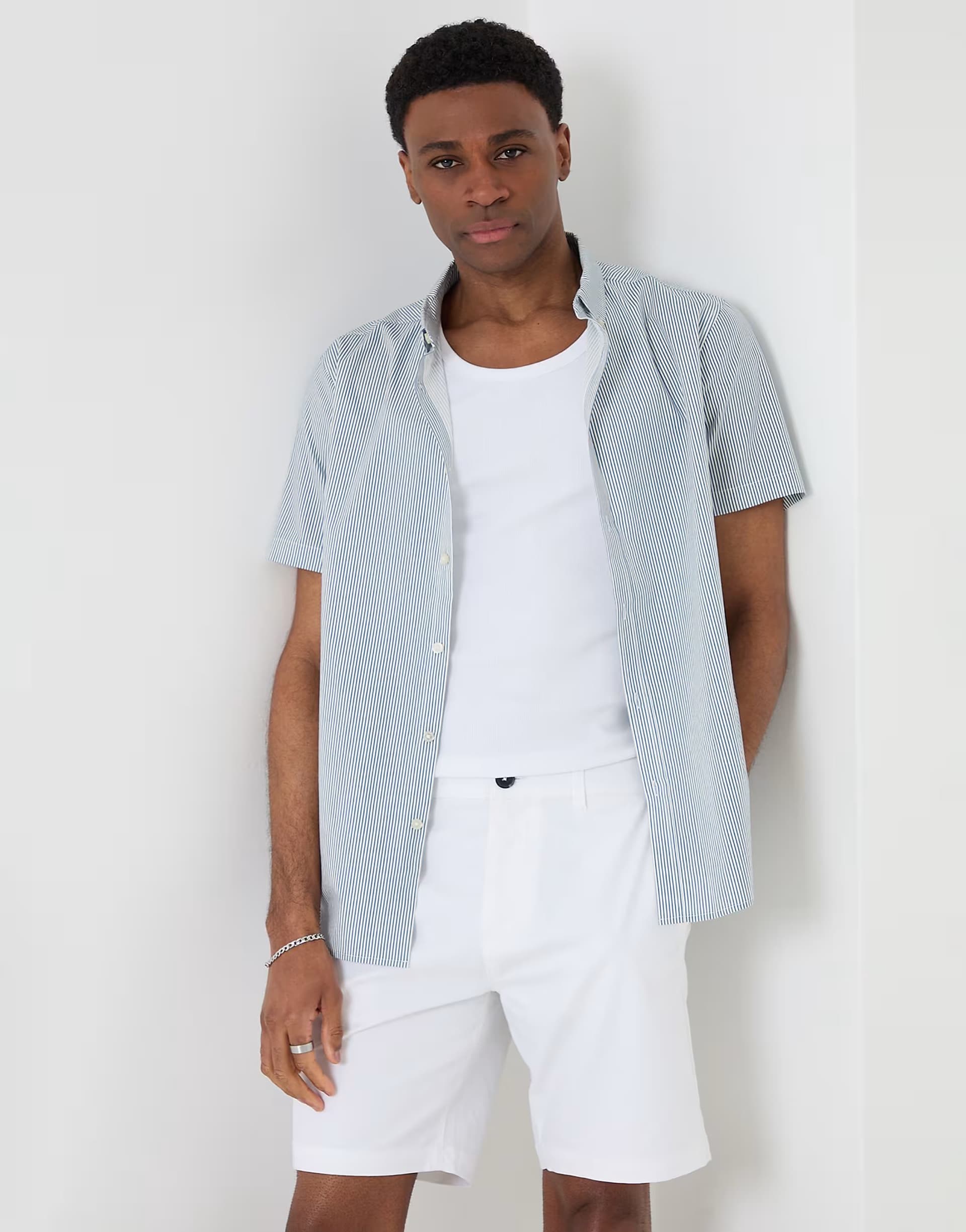 ASOS Threadbare Stripe cotton poplin short sleeve shirt in blue