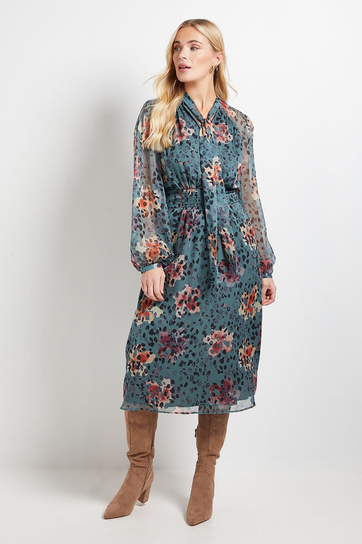 Wallis Sage Floral Midi Dress with Tie Neck