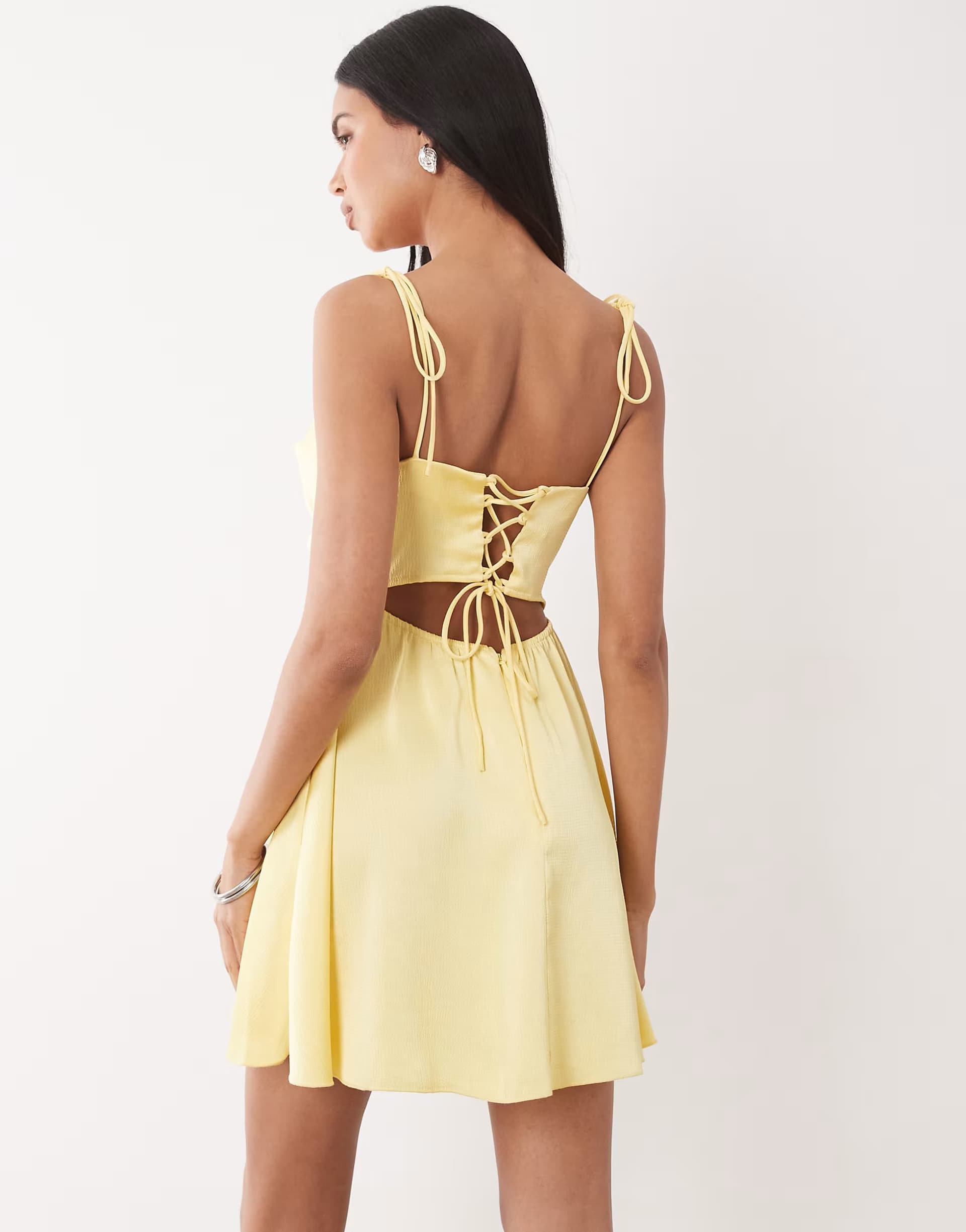ASOS Rare London satin ruched bust tie back floaty mini dress in yellow