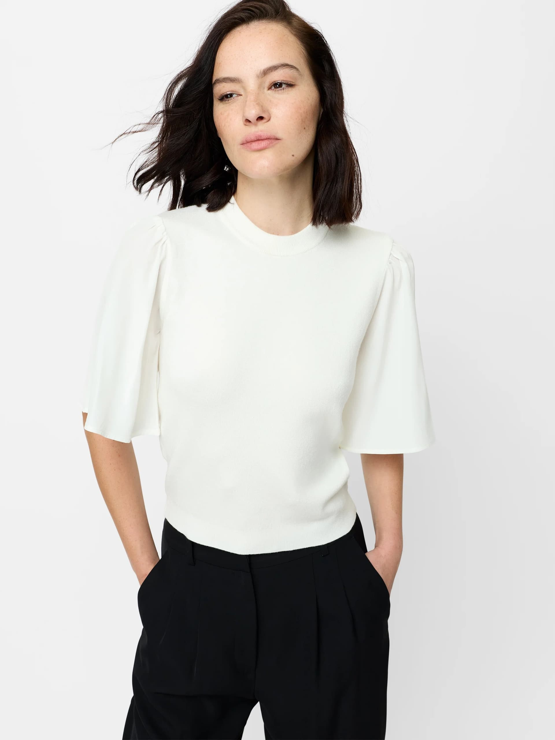 French Connection Krista White Knit Flutter Sleeve Top Winter White