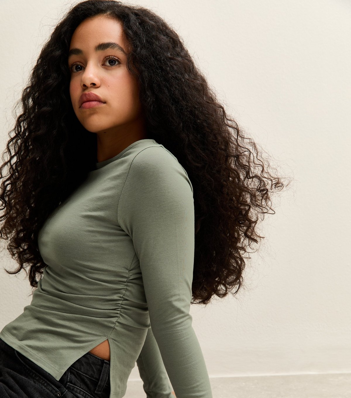 New Look Girls' Dark Khaki Long Sleeve Ruched Side Slit Top New Look - 2