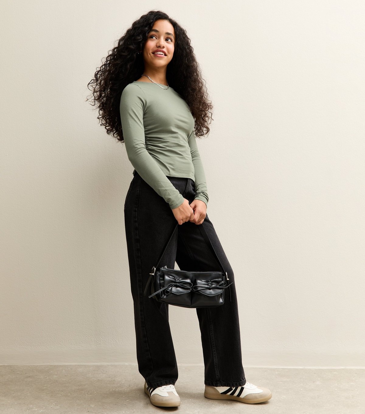 New Look Girls' Dark Khaki Long Sleeve Ruched Side Slit Top New Look - 3