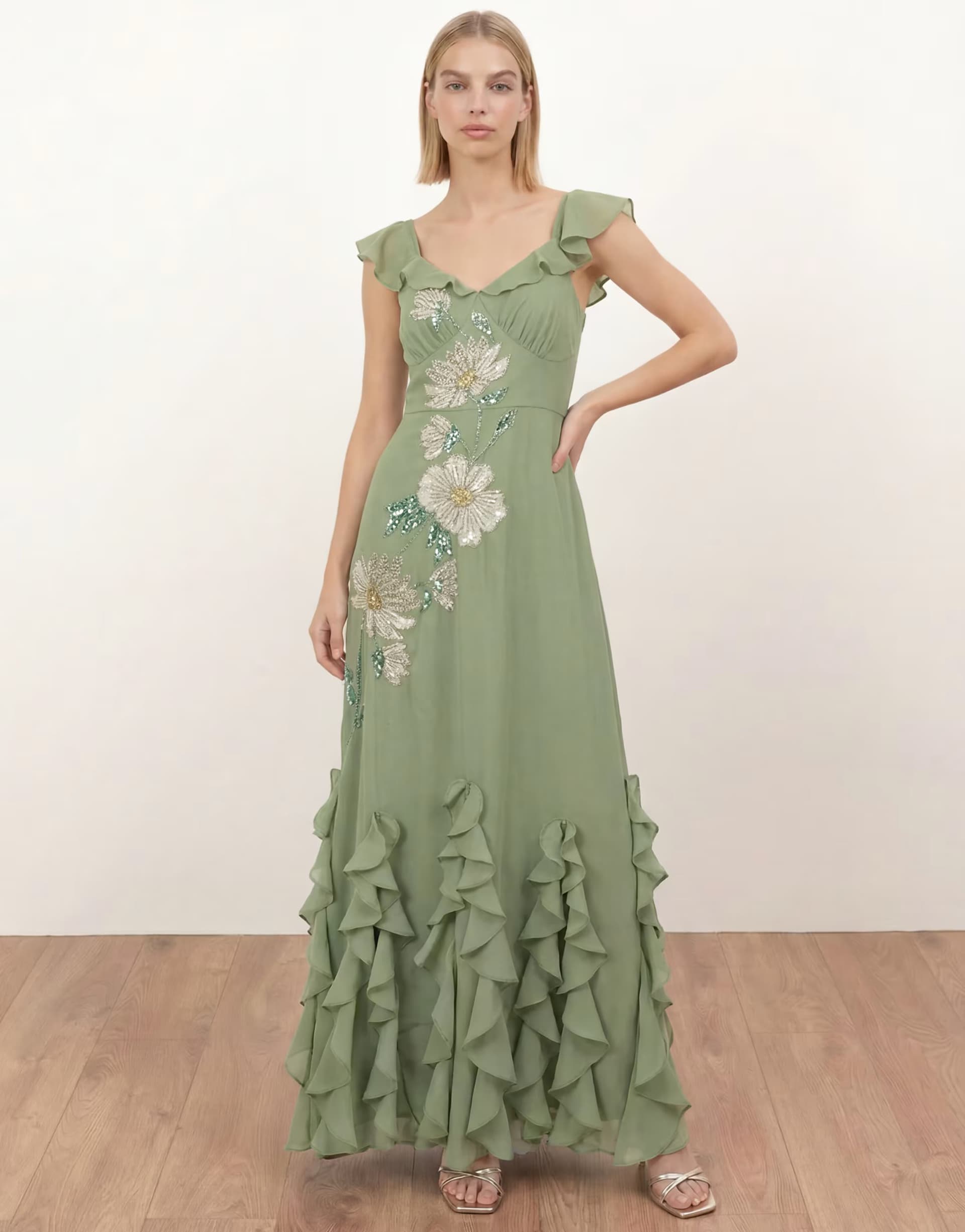 ASOS Maya Floral embellished waterfall ruffle maxi dress in olive green