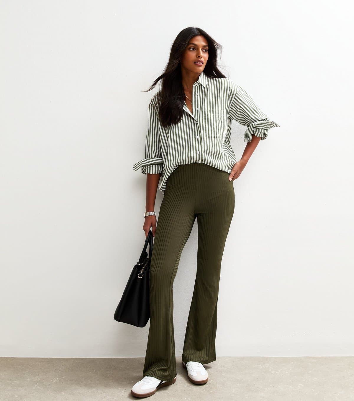 New Look New Look Khaki Ribbed Jersey Flared Trousers