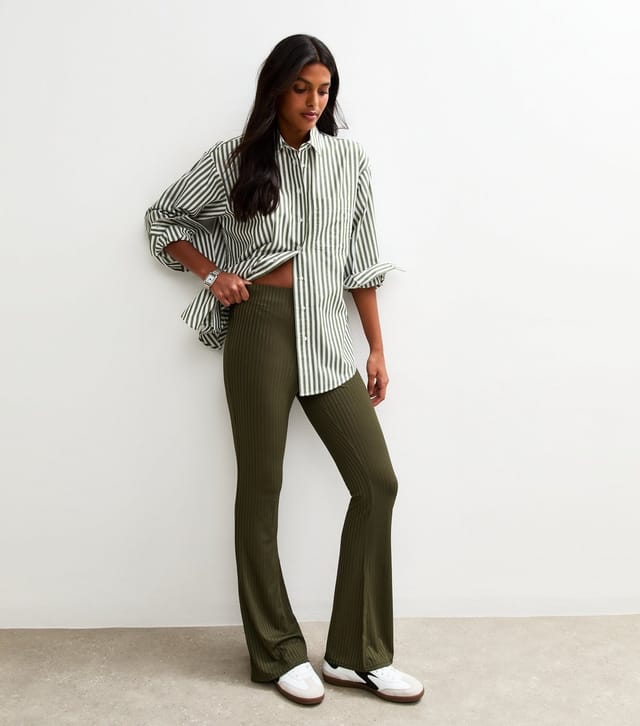 New Look Women's Khaki Ribbed Jersey Flared Trousers New Look - 3