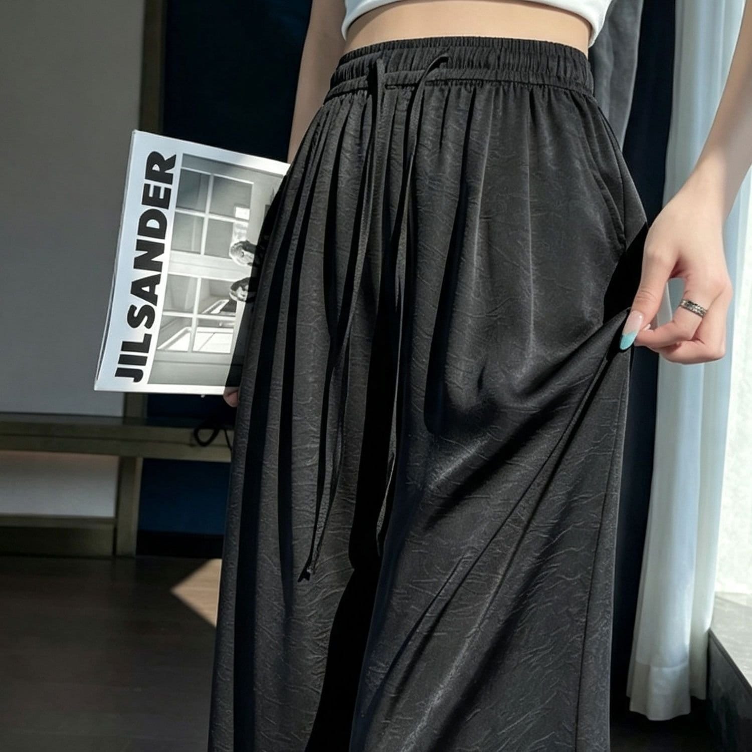 Lovii Lovii Women's Women Ice Silk Cooling Wide Leg Pants Light Comfortable Black - 4