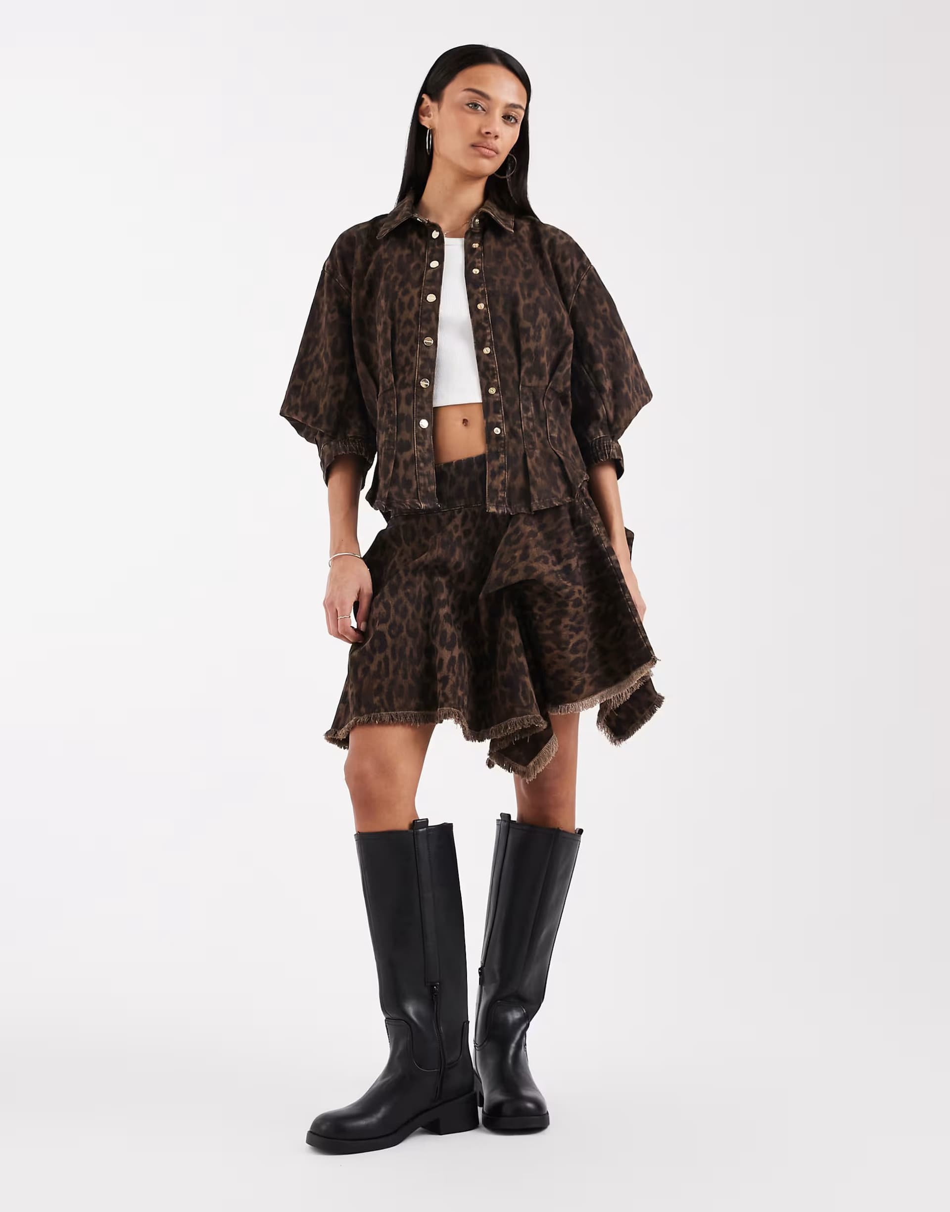 ASOS AllSaints nancy balloon sleeve leopard print denim top in brown