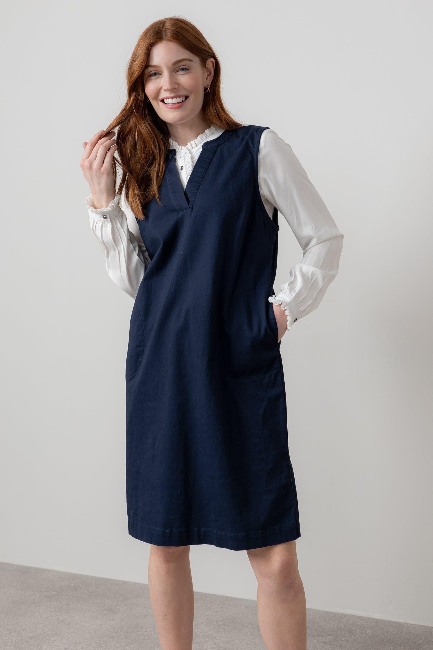 Lily & Me Lily & Me Women's Belle Pinafore shape Knee Length Stretch Twill Dress in Navy