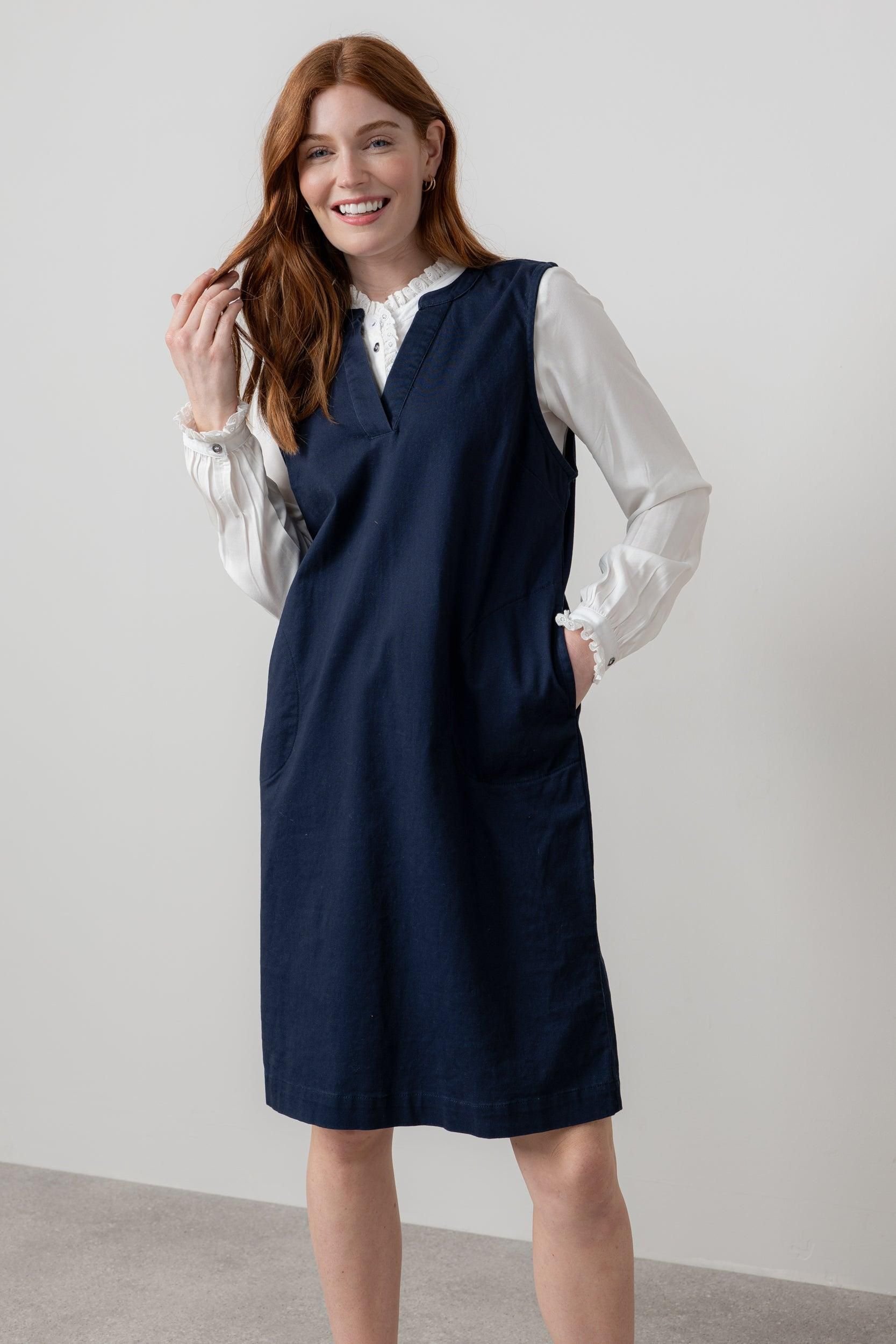 Lily & Me Lily & Me Women's Belle Pinafore shape Knee Length Stretch Twill Dress in Navy - 3