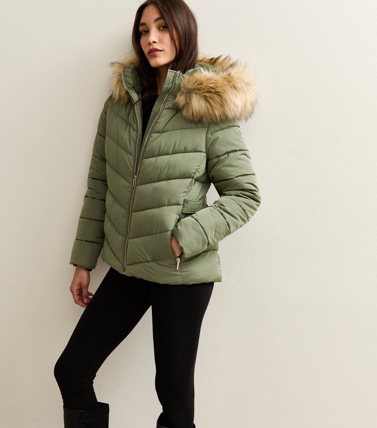 New Look Women's Khaki Hooded Faux Fur Trim Padded Jacket New Look - 2