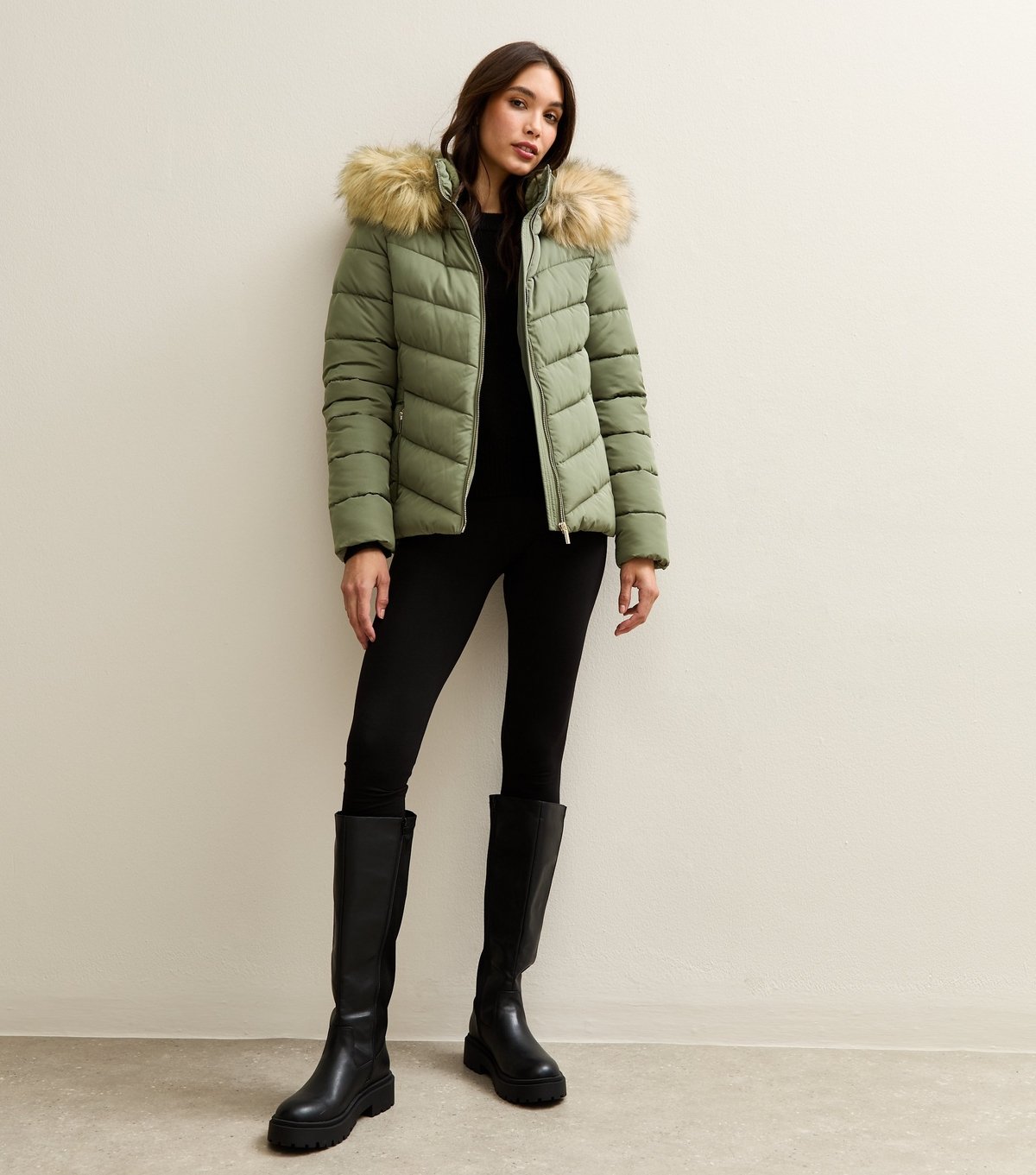 New Look Women's Khaki Hooded Faux Fur Trim Padded Jacket New Look - 3