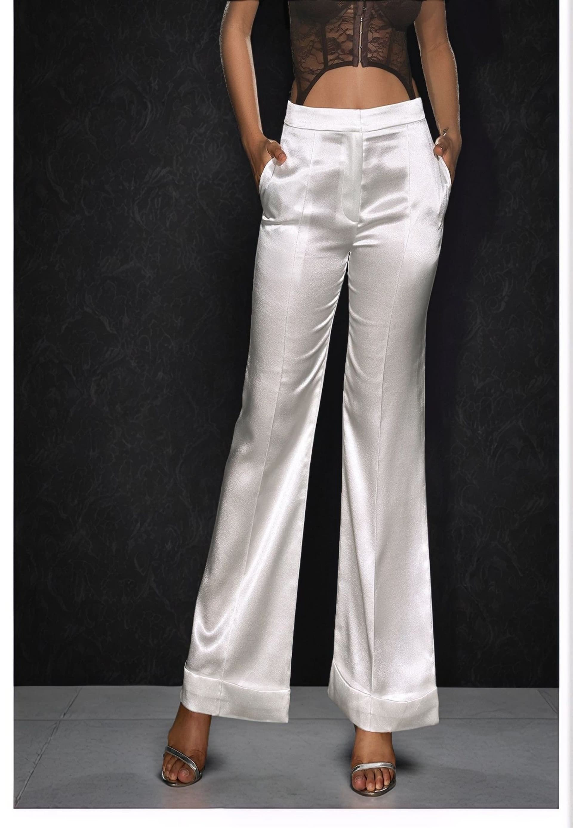 Divine Grace Divine Grace Women's White High Waist Satin Pants