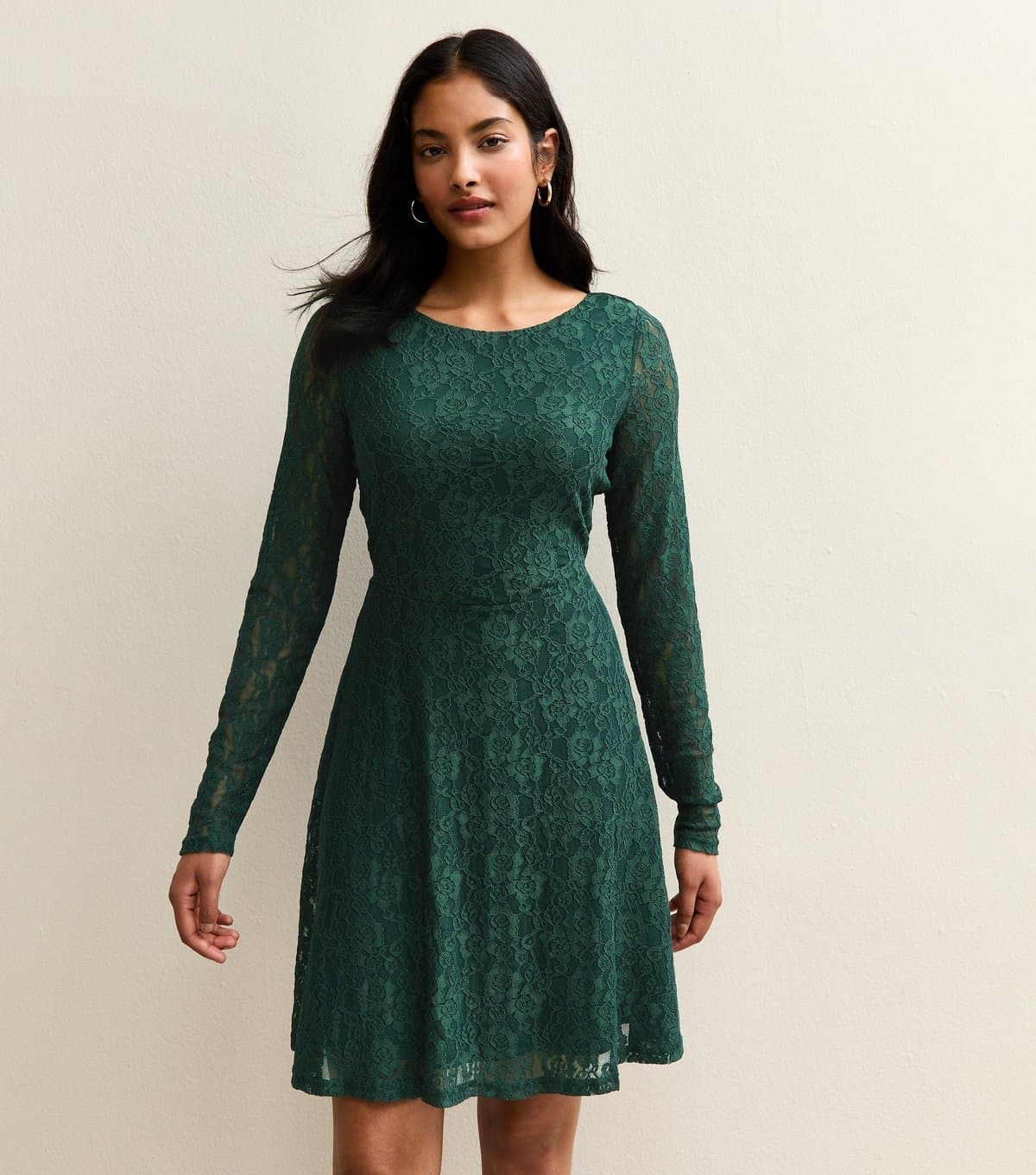 New Look Women's Green Lace Long Sleeved Skater Mini Dress New Look