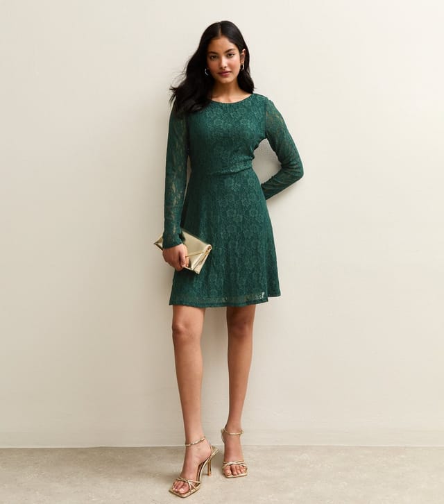 New Look Women's Green Lace Long Sleeved Skater Mini Dress New Look - 3
